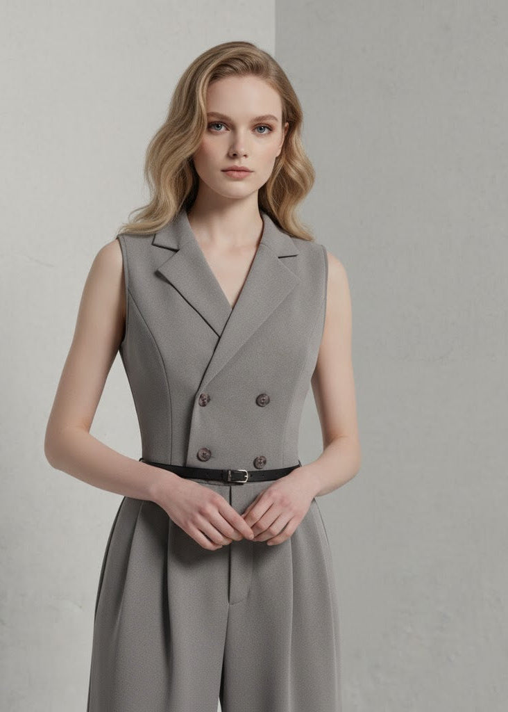 Ärmlös byxdress med kavajkrage och raka ben