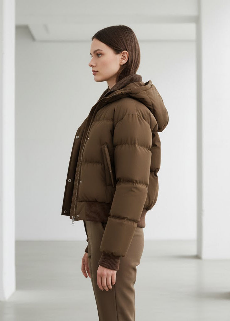 Brun puffjacka med innerväst i manchester och ribbade muddar