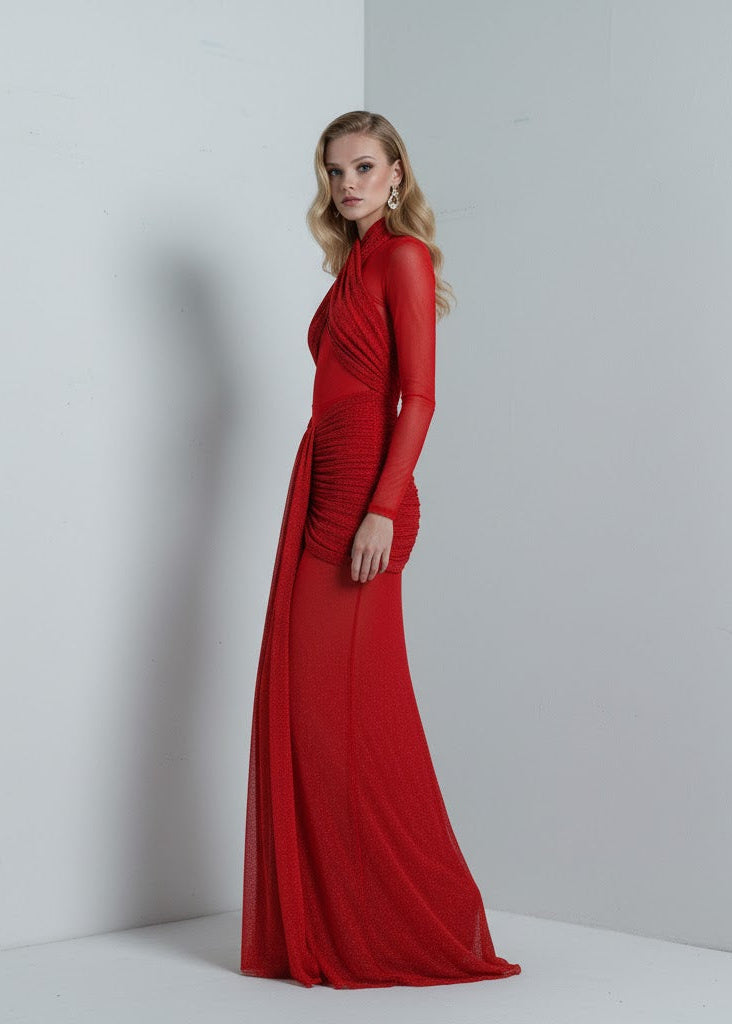 Röd transparent paljettklänning med korslagd överdel och hög hals