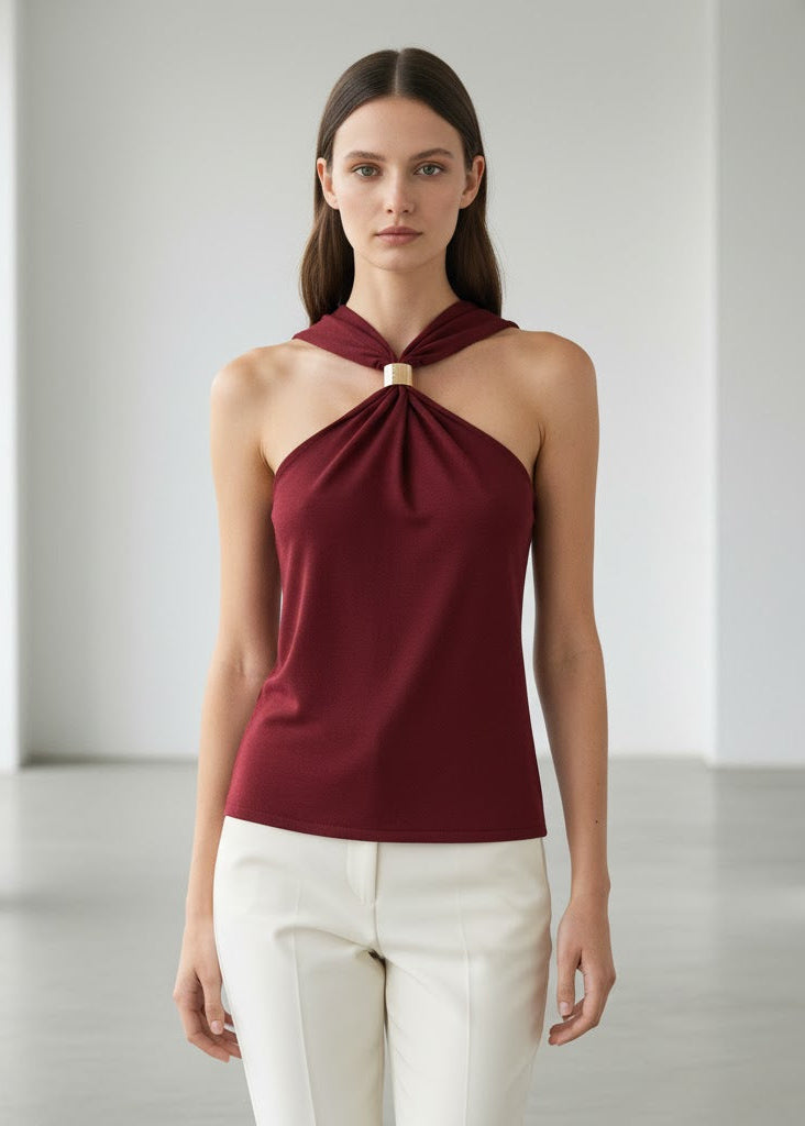 Stickad halterneck-top med breda axelband och gulddetalj