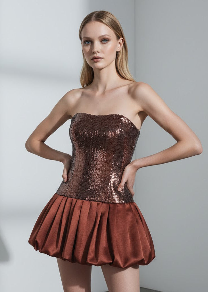 Axelbandslös mini paljettklänning med voluminös bubbelkant och figurnära liv