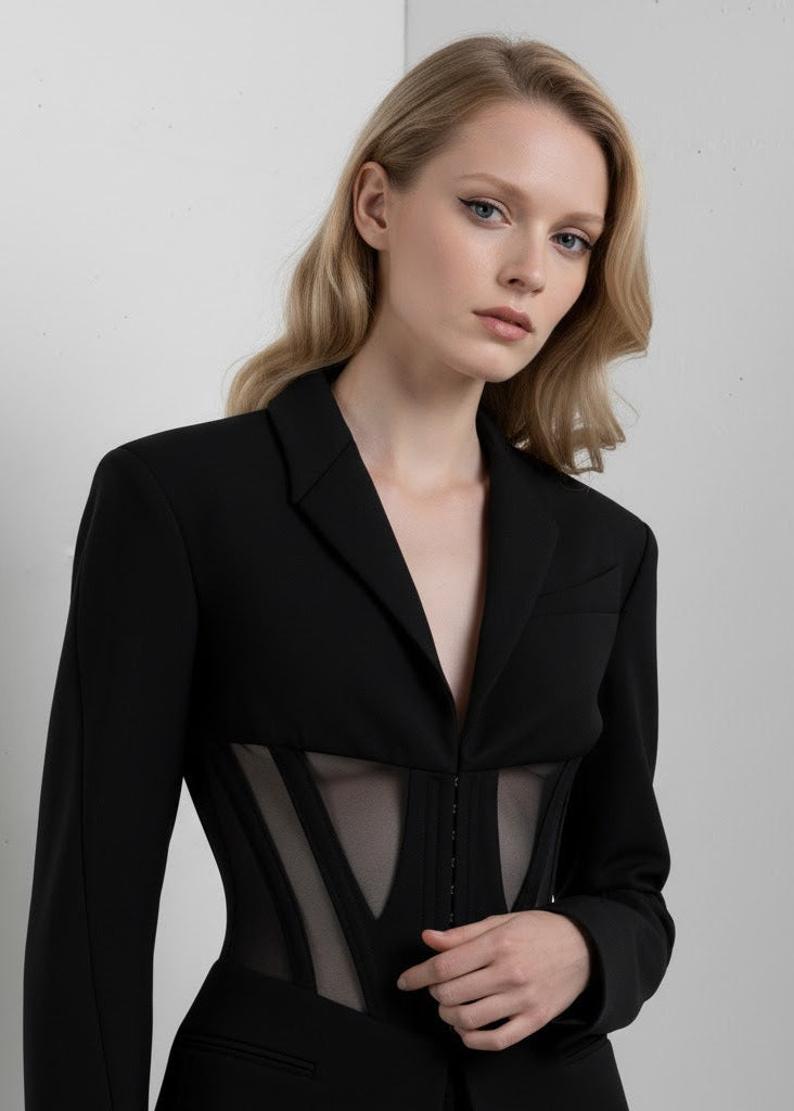 Svart Skräddarsydd Passform Blazer med Transparenta Meshpaneler