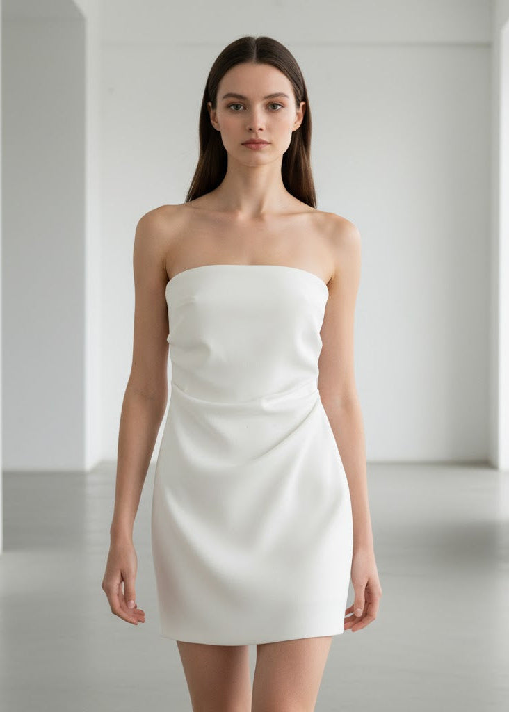 Axelbandslös miniklänning med drapering och figurnära passform