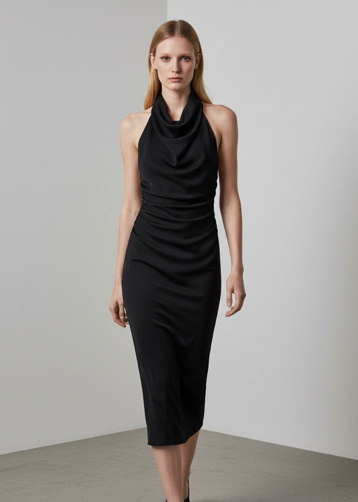 Midiklänning med draperad halterneck och smal silhuett