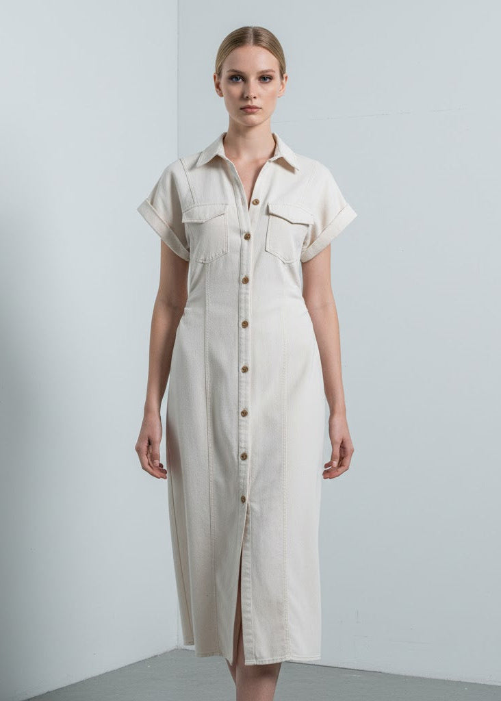 Midiklänning i denim med krage och hel knäppning