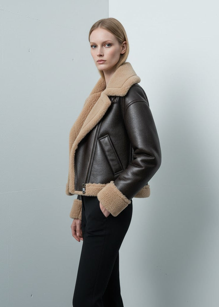 Pilotjacka dam mörkbrun fuskläder fuskpälsfoder