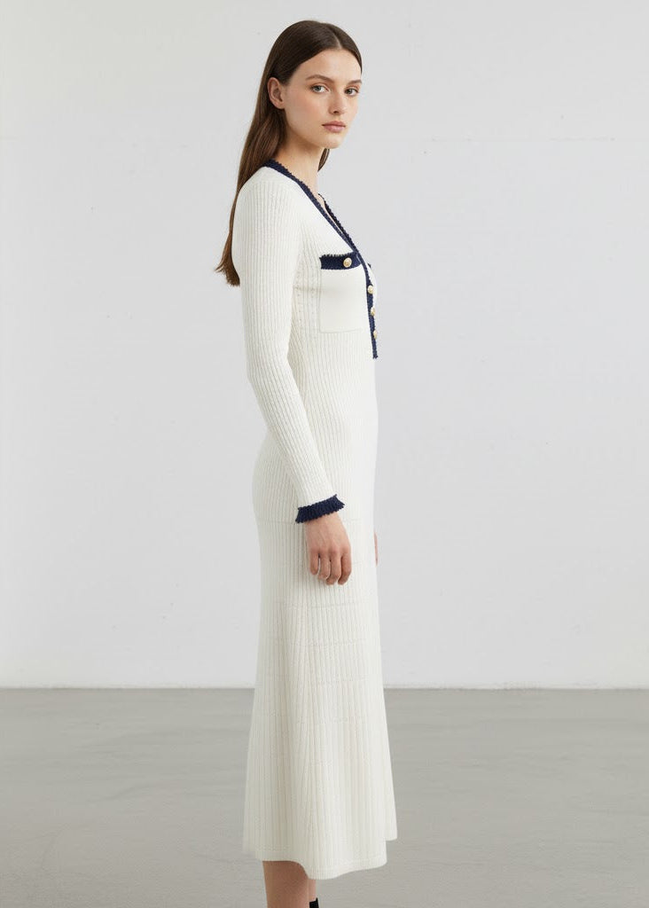 Stickad krämvit midiklänning med denimdetaljer och knappstängning