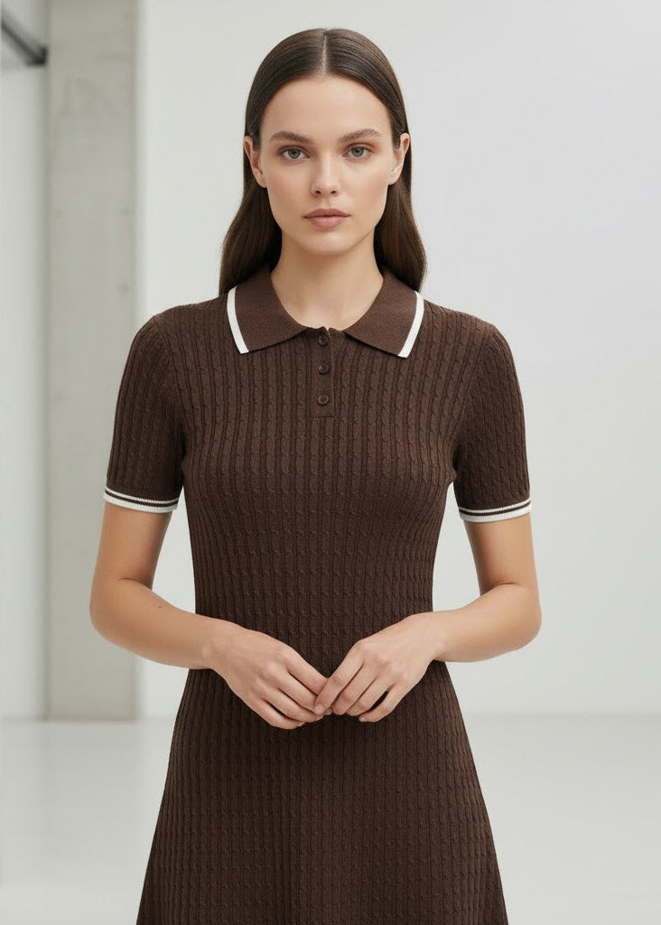Brun stickad miniklänning med polokrage kort ärm och figurnära passform