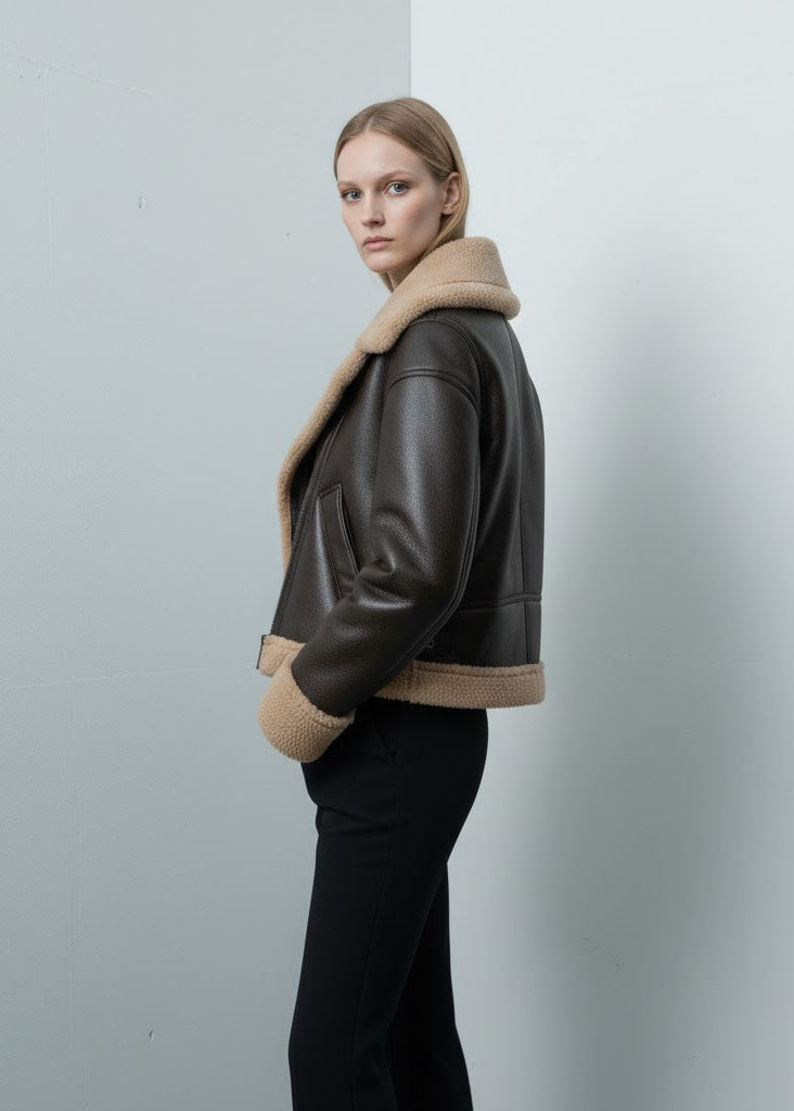 Pilotjacka dam mörkbrun fuskläder fuskpälsfoder