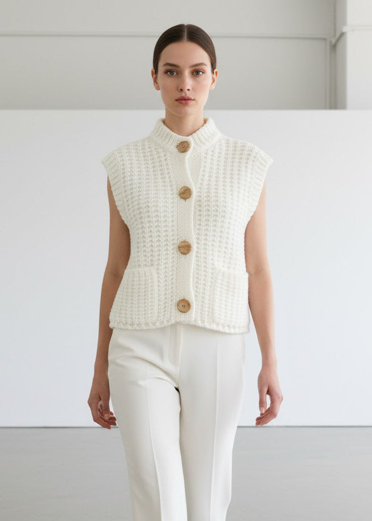 Tjockstickad ärmlös kofta med guldfärgade knappar