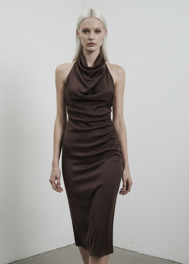 Midiklänning med draperad halterneck och smal silhuett