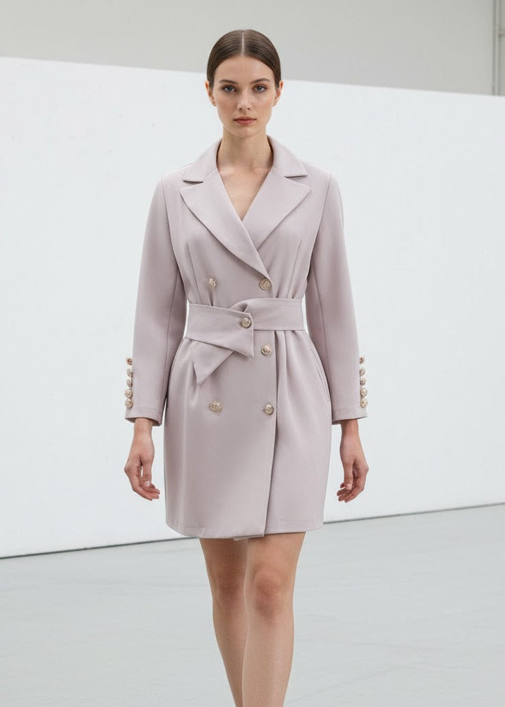 Kort dubbelknäppt kappa i blazerstil med skärp och dekorativa guldknappar