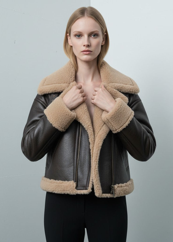 Pilotjacka dam mörkbrun fuskläder fuskpälsfoder