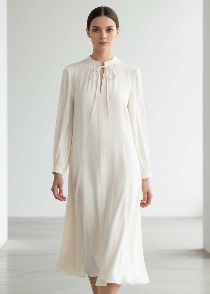 Vit Lång A-linjeformad klänning med knytning och rynkade ärmar