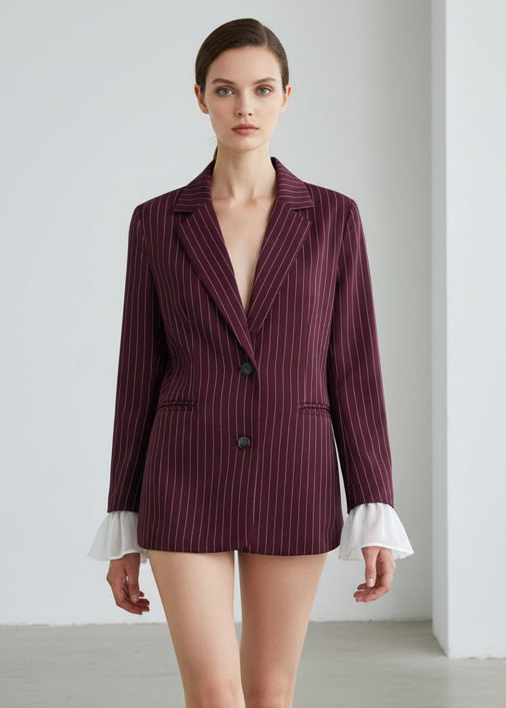 Vinröd randig kavaj med dekorativa volangärmar i kontrasttyg