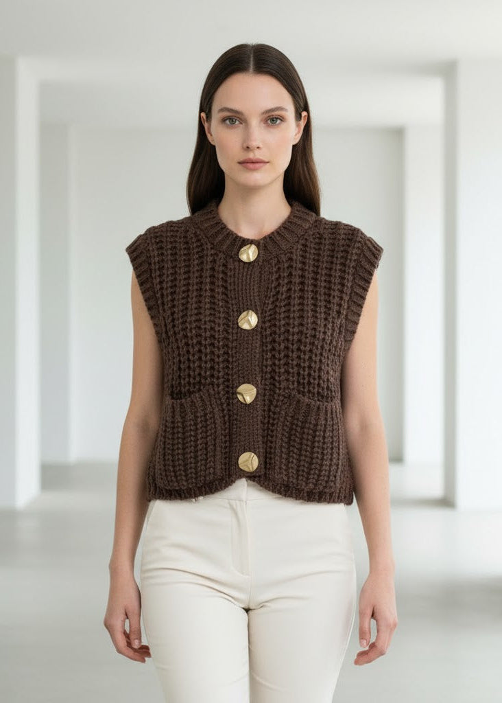 Tjockstickad ärmlös kofta med guldfärgade knappar