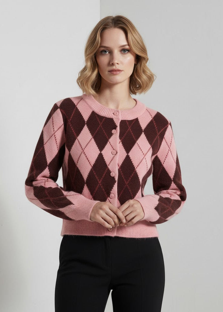 Rutig rosa kofta med diamantmönster och lång ärm