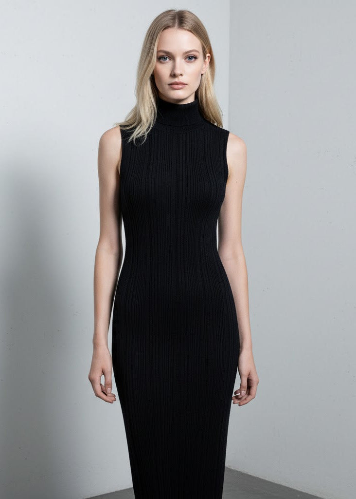 Svart ribbstickad ärmlös midiklänning i figurnära modell med polokrage och elegant minimalistisk design