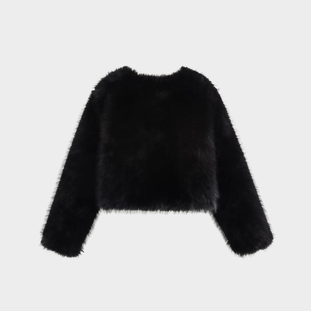 Kort Jacka i fuskpäls med rund hals och knäppning