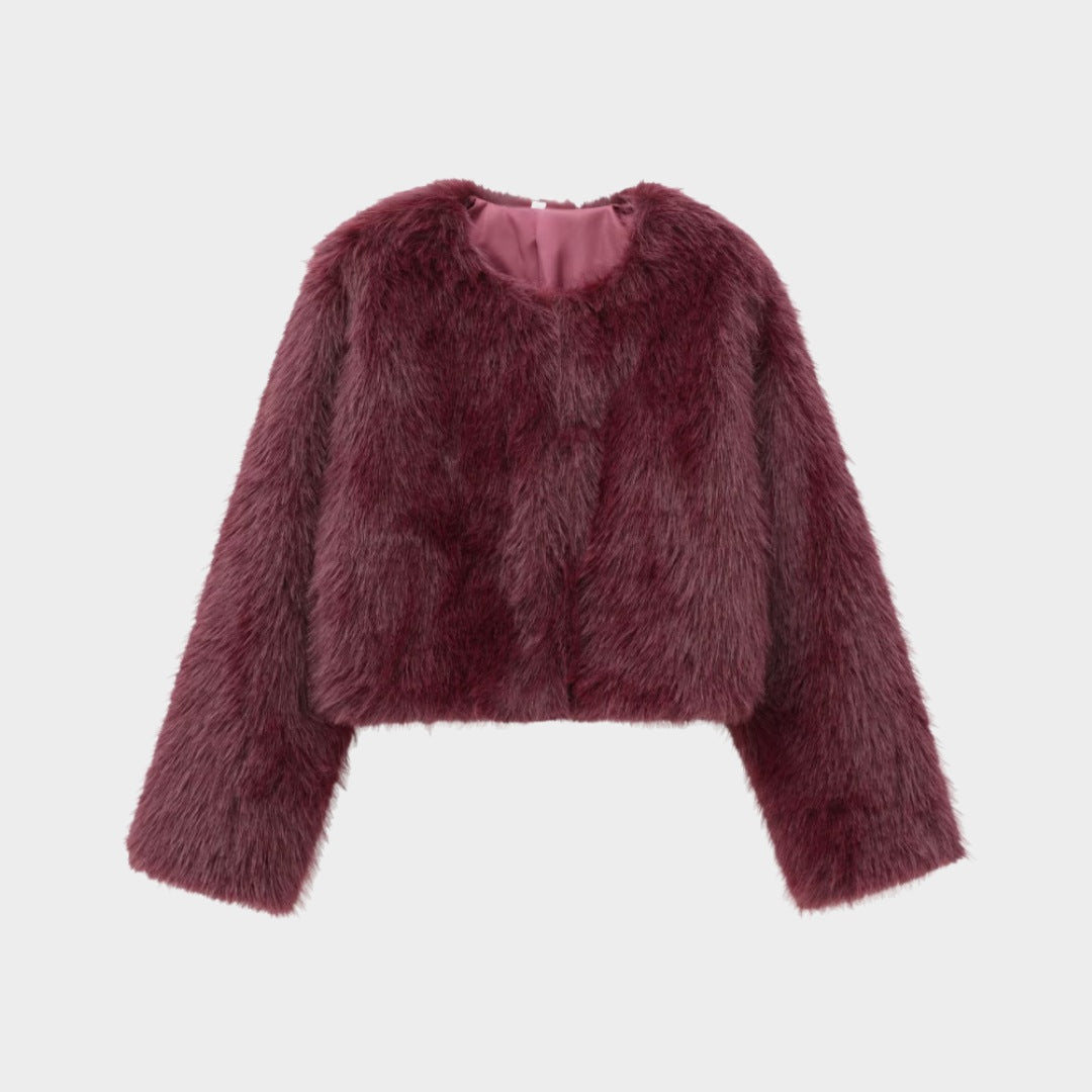 Kort Jacka i fuskpäls med rund hals och knäppning