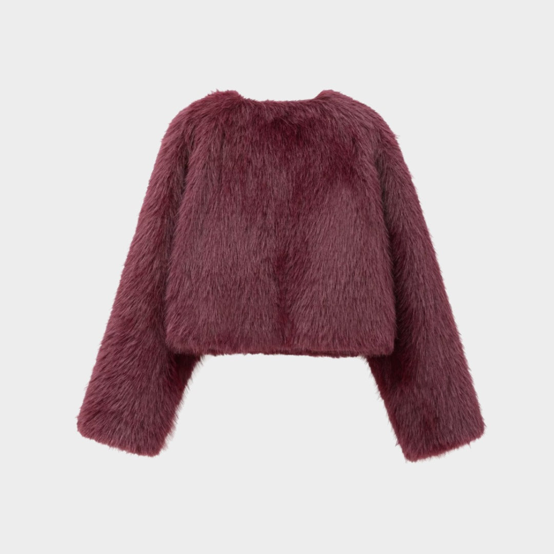 Kort Jacka i fuskpäls med rund hals och knäppning