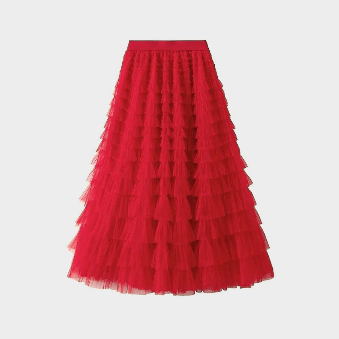 Kjol i mesh med plisserade lager naturlig midja och avslappnad passform