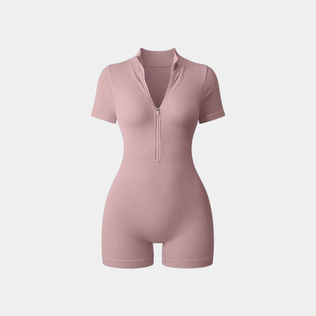 Ribbad one-piece med korta ärmar och ben samt midzip-dragkedja