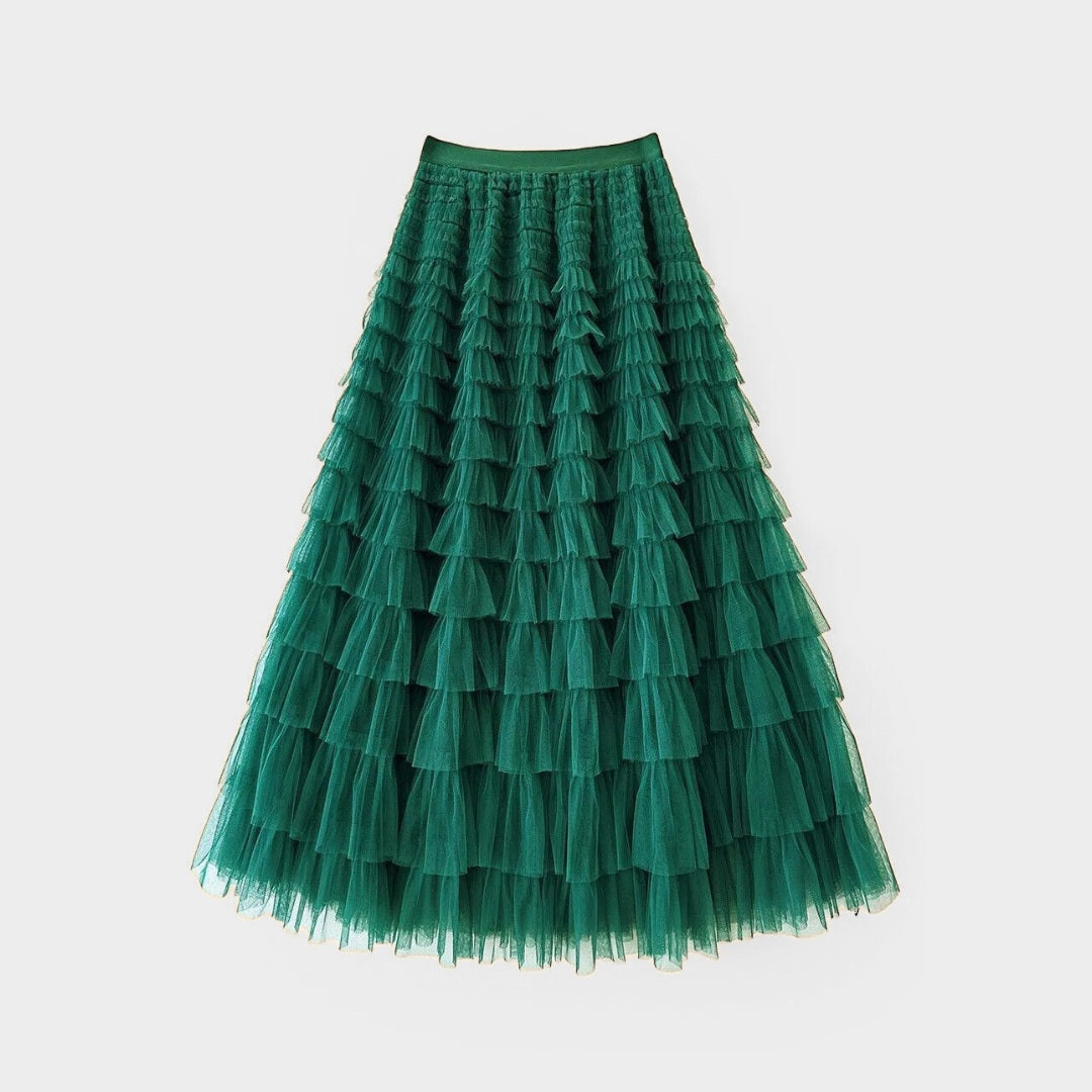 Kjol i mesh med plisserade lager naturlig midja och avslappnad passform