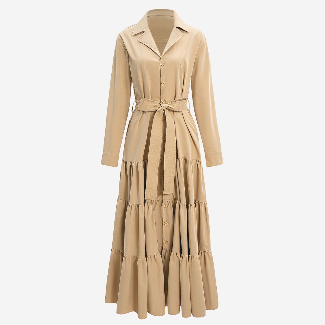 Beige lång jacka i klänningsstil med volangkjol och knytbälte