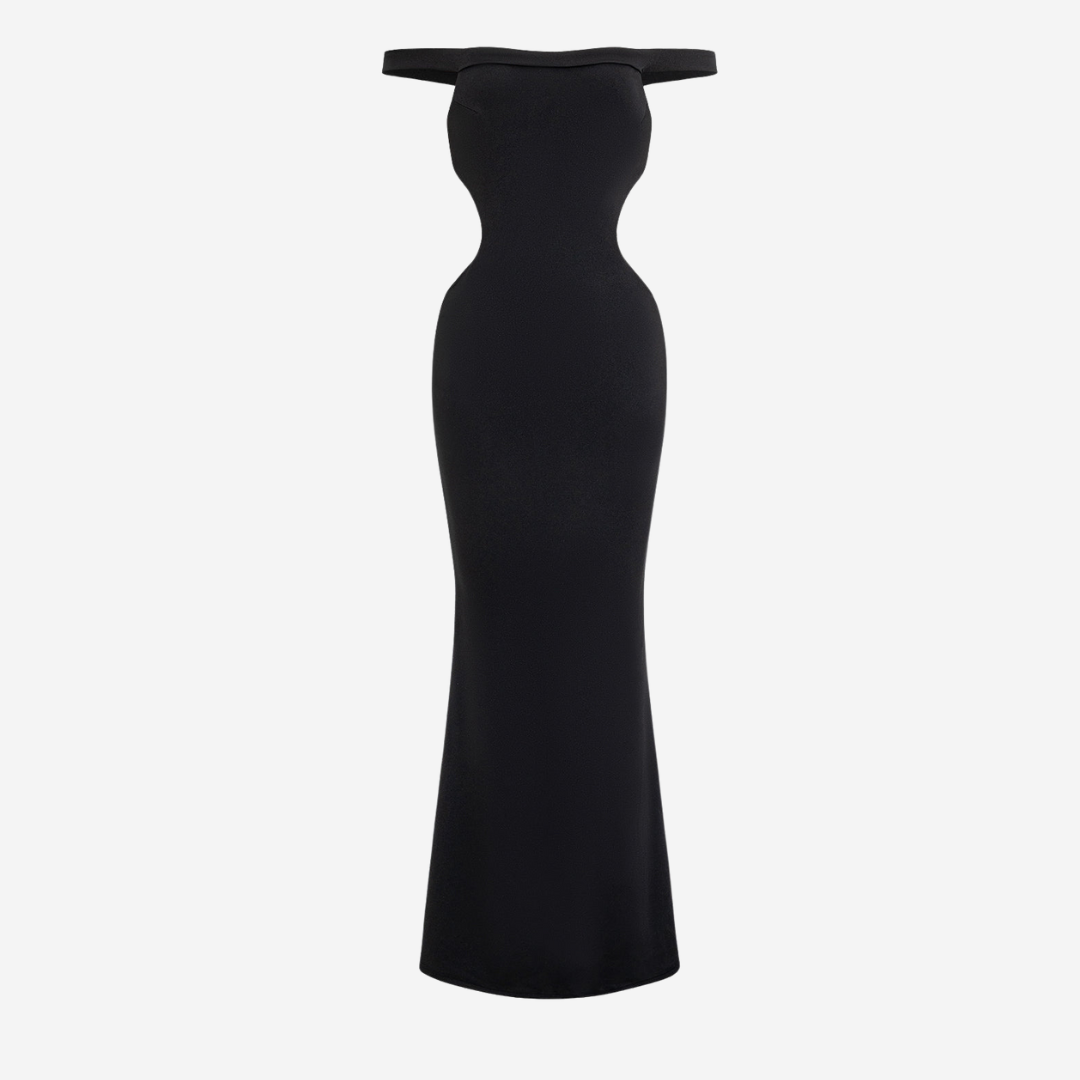 Axelbandslös svart långklänning i stretchjersey med figurnära silhuett och utsvängd nederdel