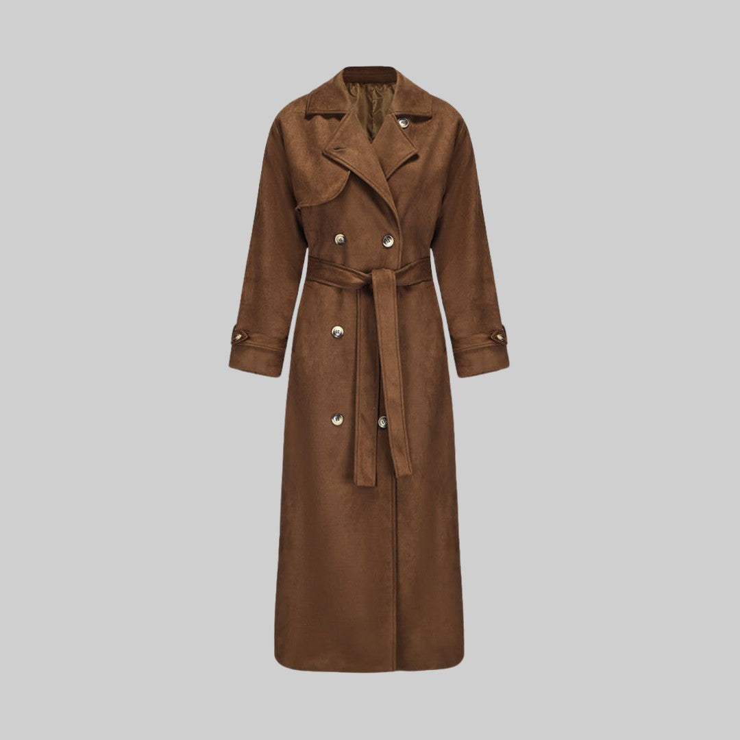 Lång Brun Trenchcoat i Vegansk Mocka med Skärp