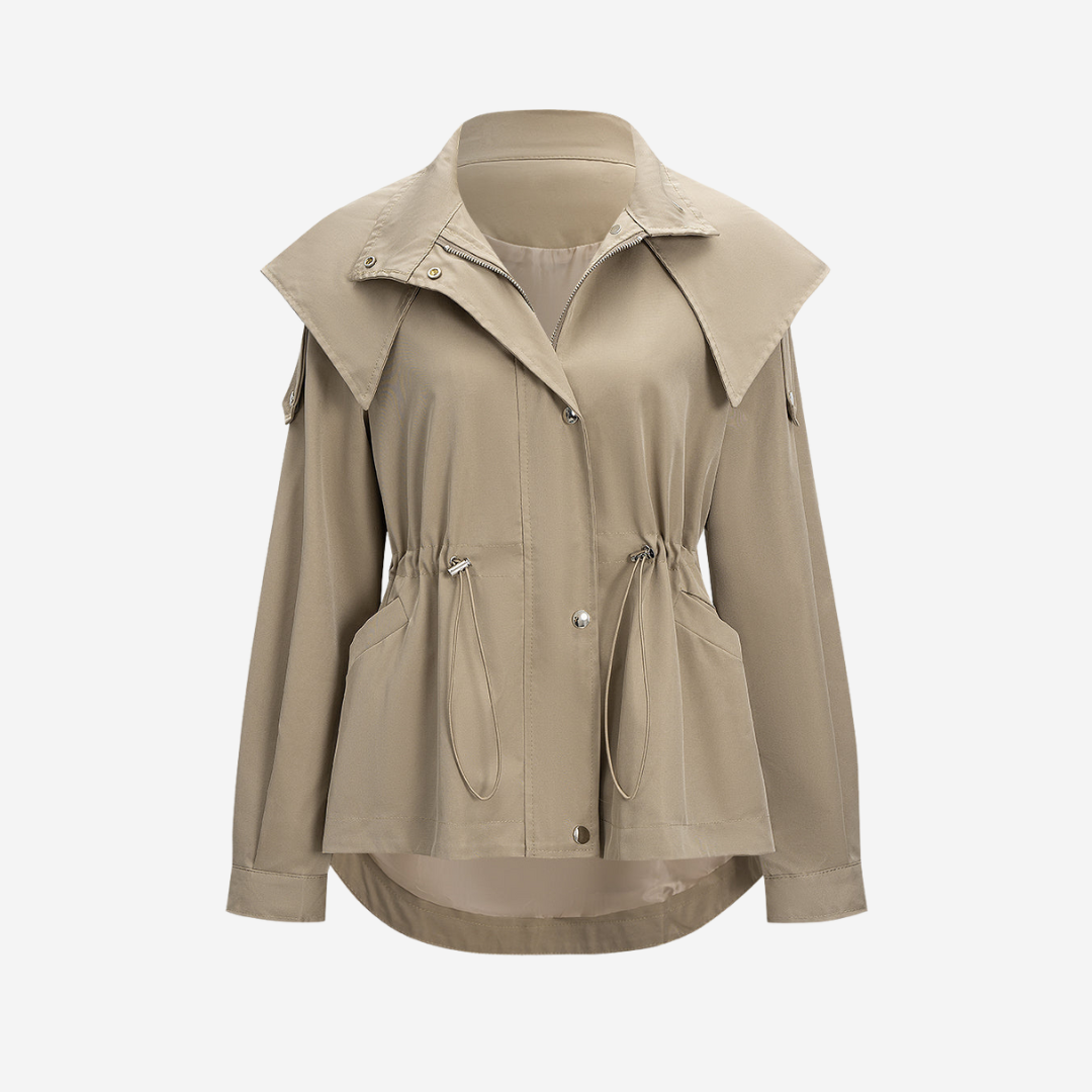 Khaki jacka med avtagbar huva, snedskuren krage och dragsko i midjan i lös passform för dam