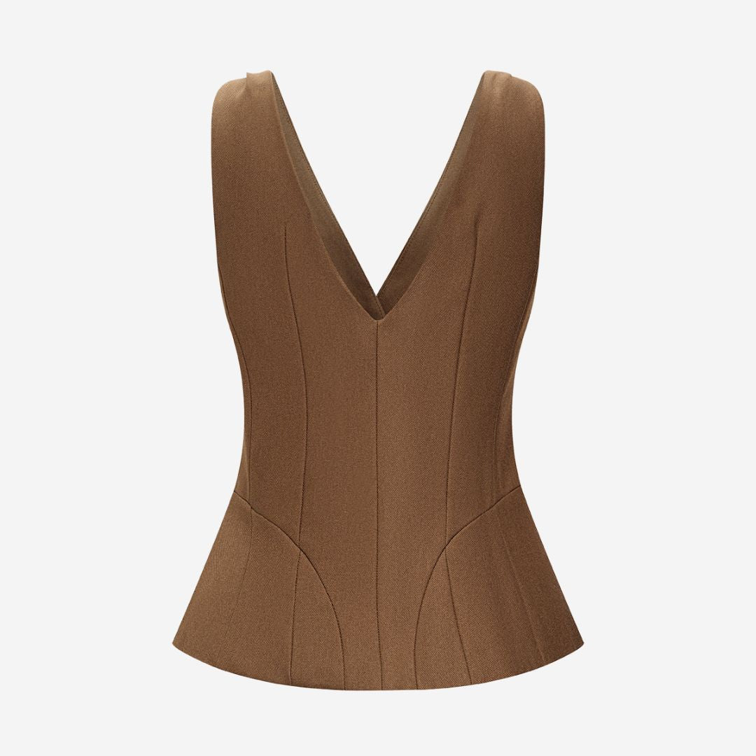 Chokladbrun ärmlös twillväst med v-ringning och knappar