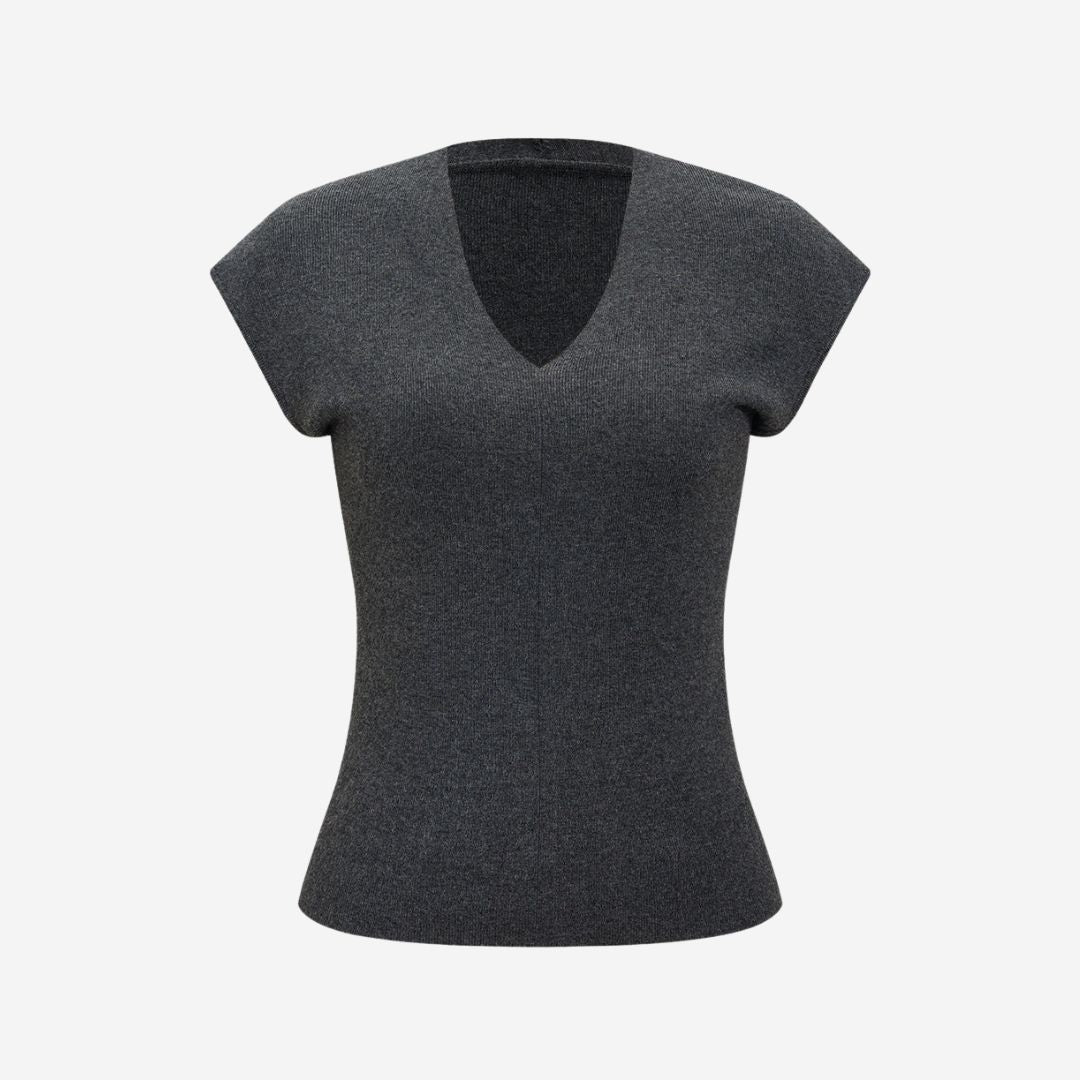 Mörkgrå ribbstickad topp med V-ringning och figurnära passform