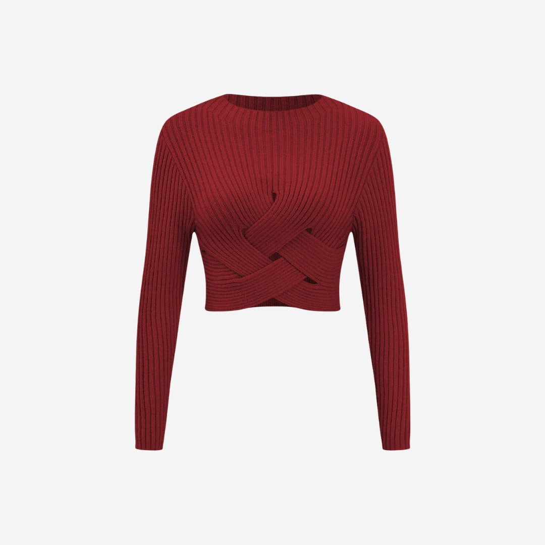 Korsad Ribbstickad Topp Långärmad Mjuk Bomull Detalj