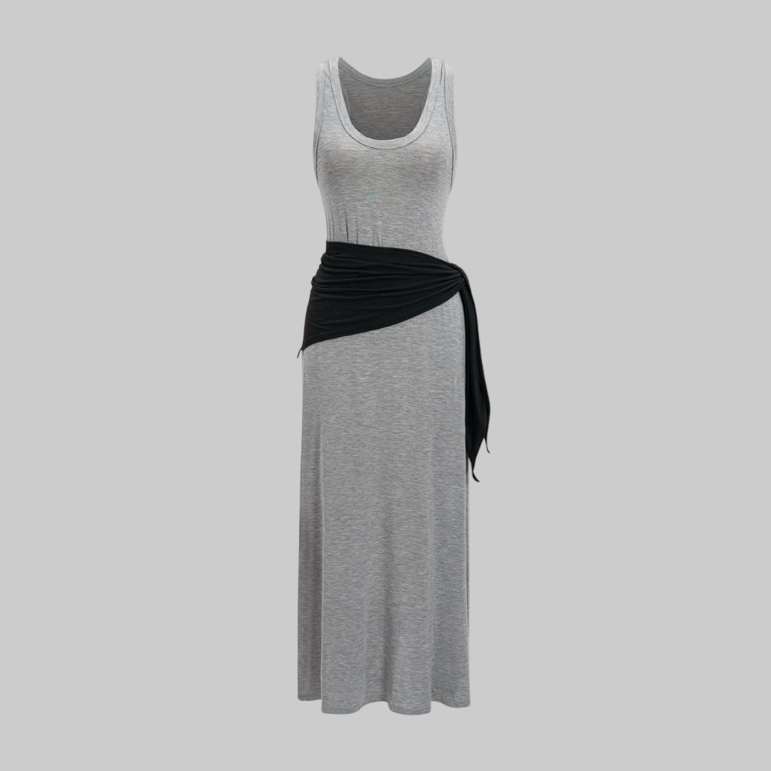 Grå Ärmlös bomullsklänning med rund hals och knytband i midjan