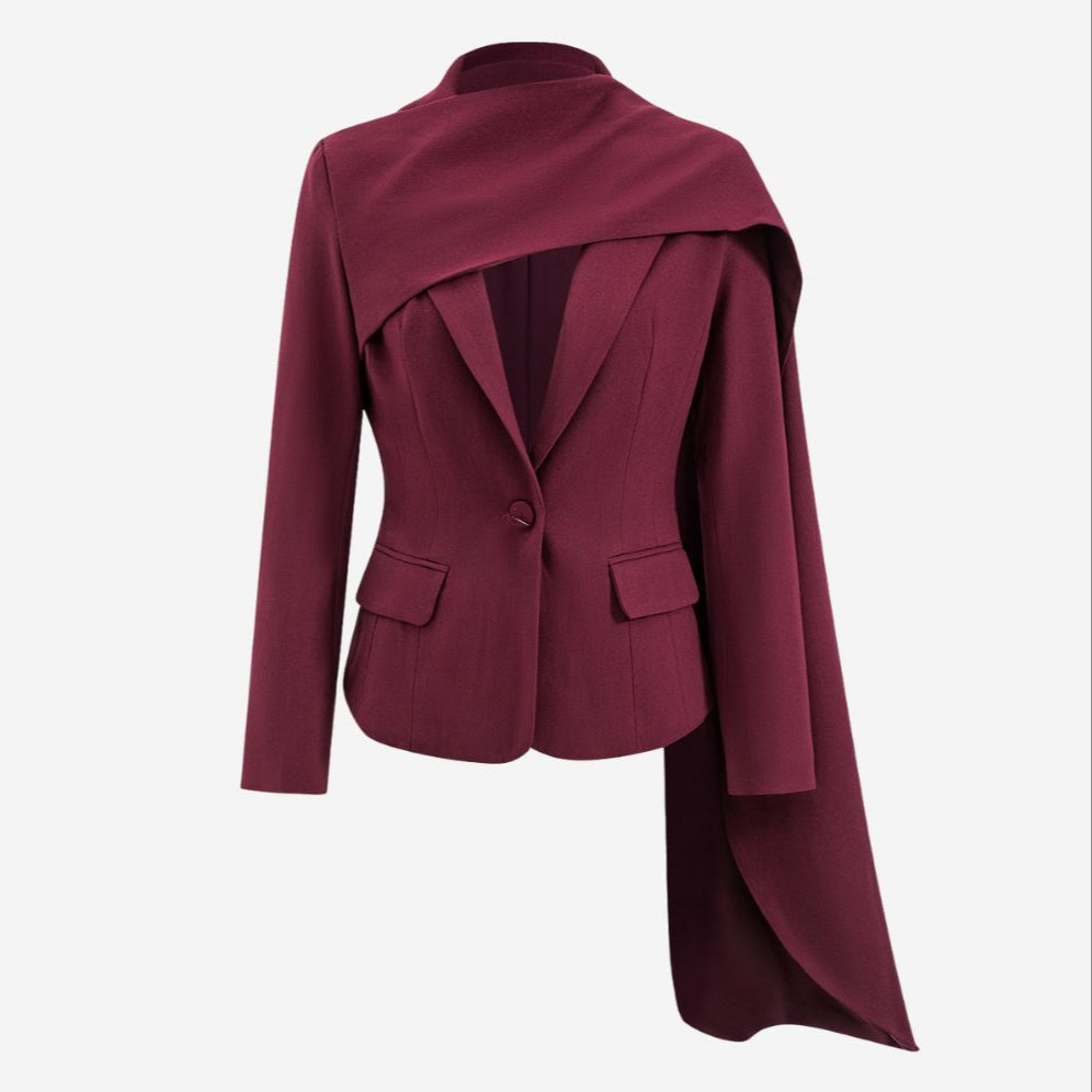 Vinröd skräddad kavaj i rayonmix med asymmetrisk cape-detalj och klassisk passform