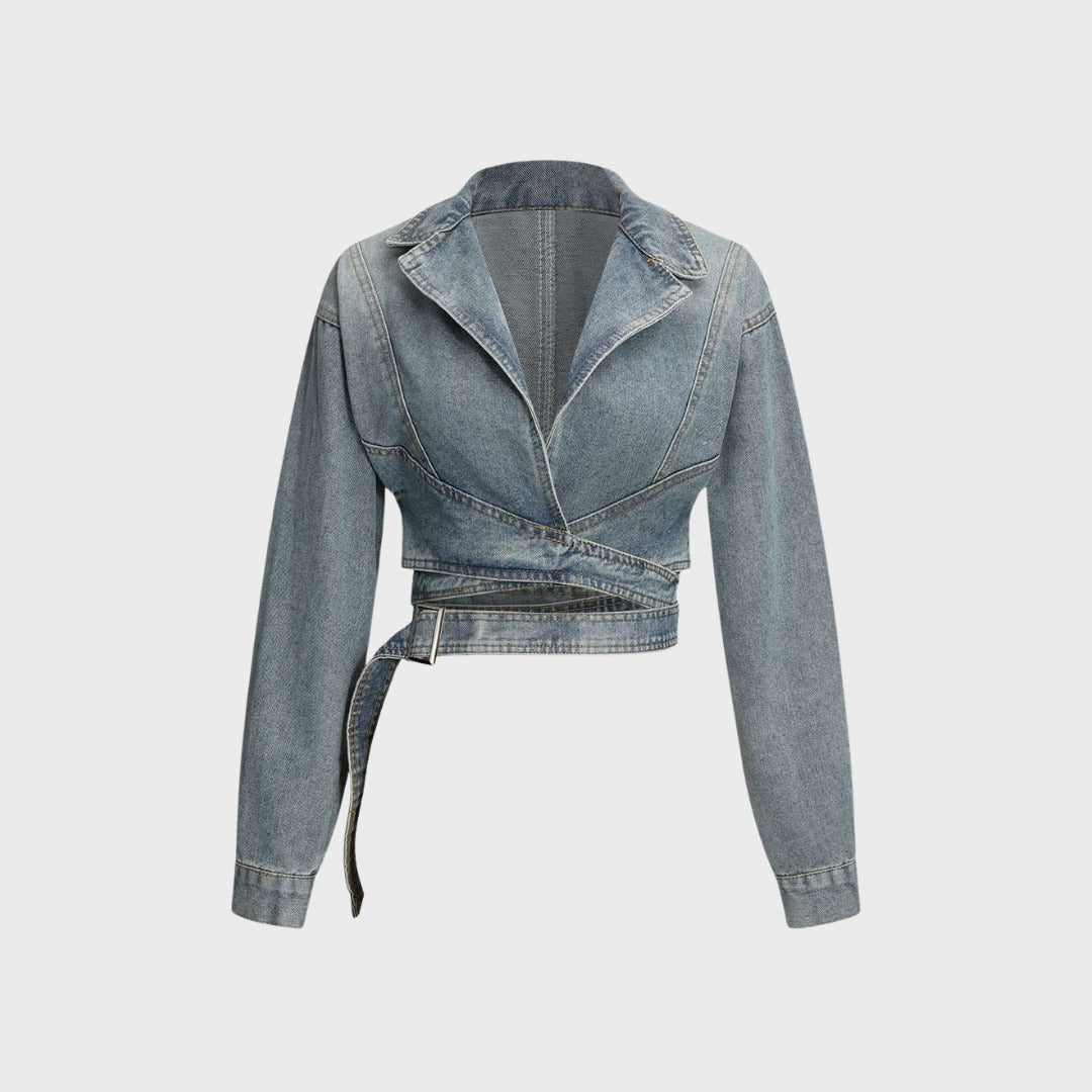 Blågrå Kort denimjacka med bälte och figurnära passform