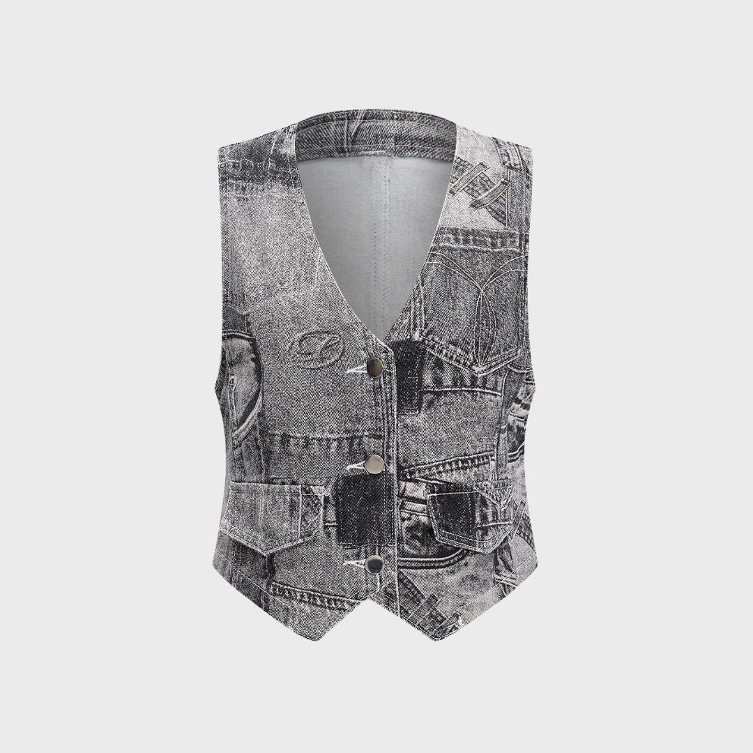 Jacquardväst i denimlook med unik tryckdesign och knappstängning