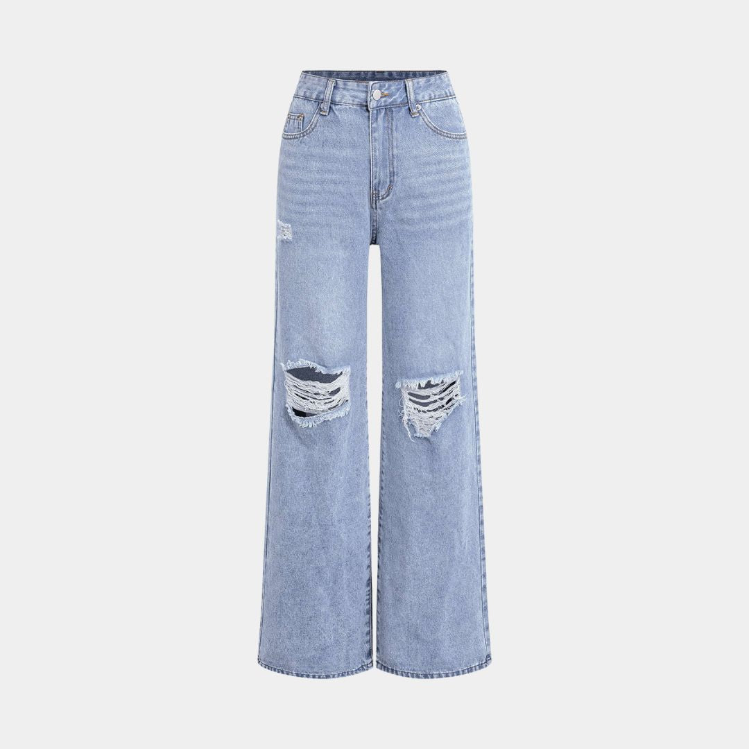 Ljusblå jeans med breda ben, råa slitningar och lätt stretch i mjuk bomullsdenim