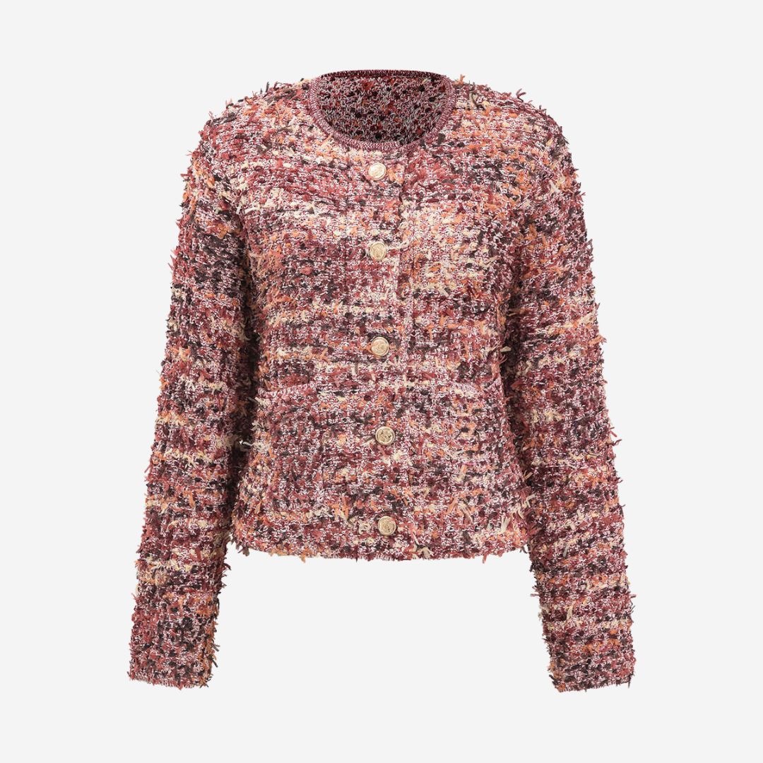 Flerfärgad kort jacka i texturerad bouclékänsla med dekorativa trådar och metallknappar i avslappnad passform