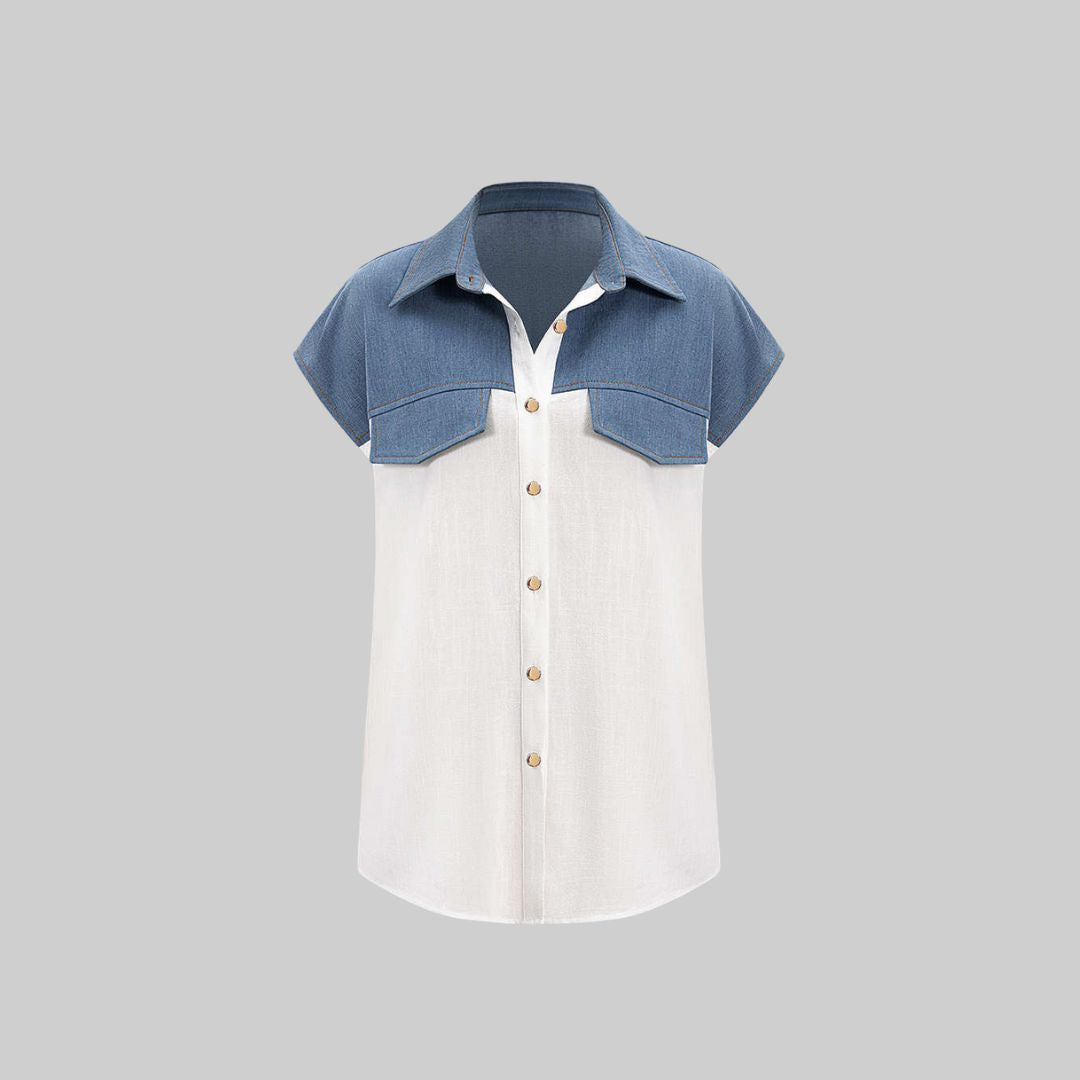 Tvåfärgad kortärmad skjortblus i denim och linne med knytning och fickdetaljer