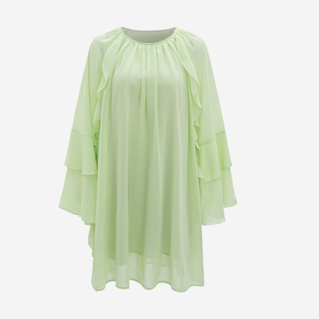 Ljusgrön chiffontunika med volangärmar och rynkad halsringning