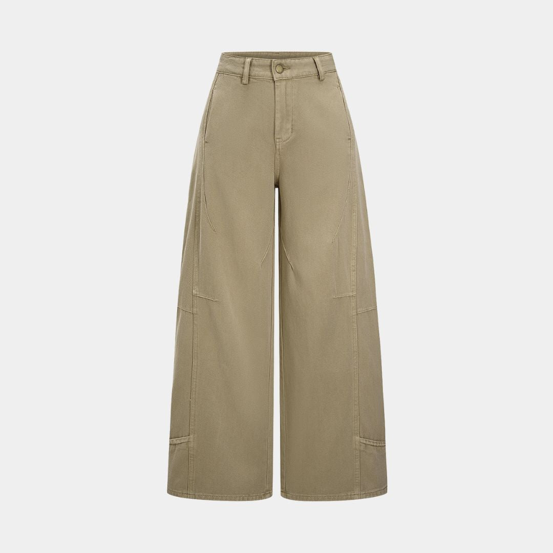 Khakifärgade vida workwear-jeans med markerade sömmar, raka ben, bakfickor och strukturerad denim utan stretch