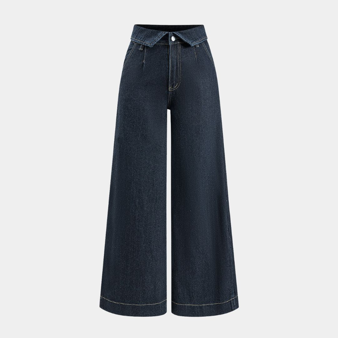 Mörkblä vida jeans med unik skjortkrage i midjan, bred silhuett och klassisk denimstruktur utan stretch