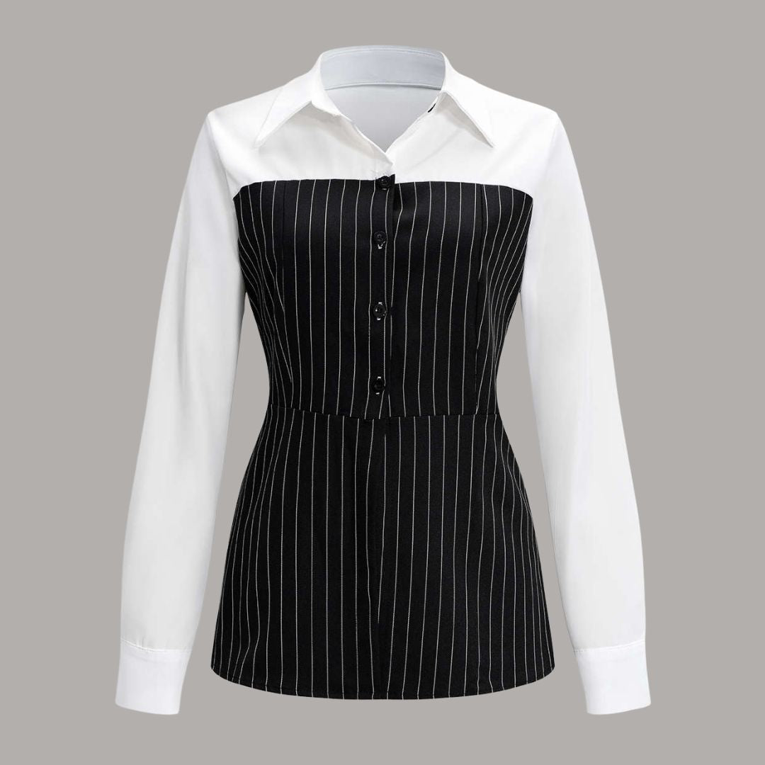 Klassisk skjorttopp i tvåfärgad design med kritstrecksrandigt liv