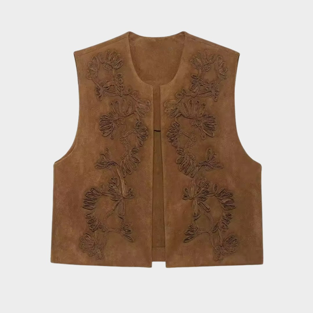Broderad väst i kort modell med blommönster