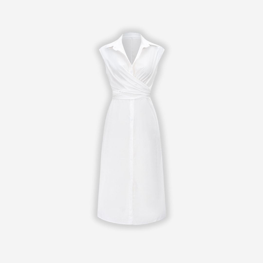 Skjortklänning omlott vit midi med krage ärmlös med rosett i ryggen