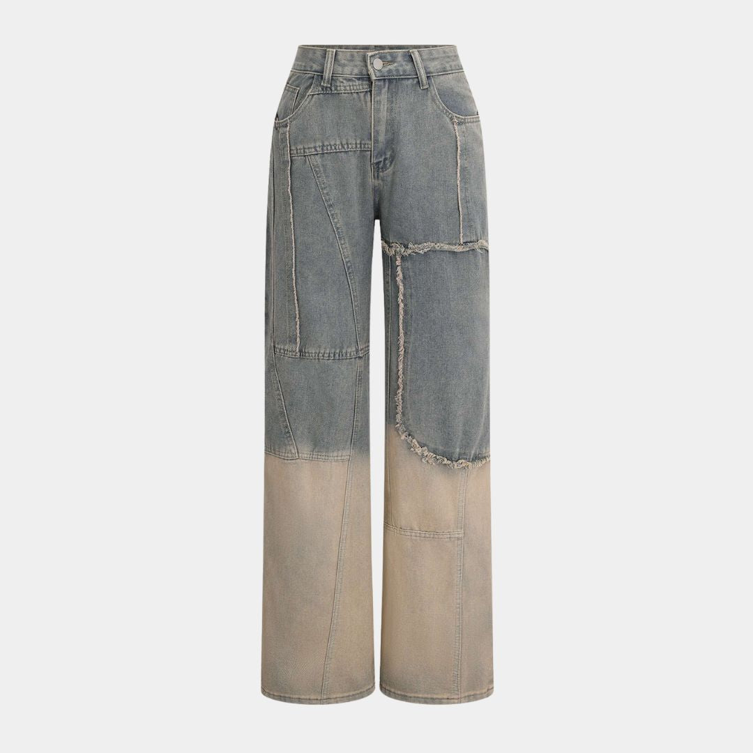 Patchwork-jeans med råa sömmar, hög midja och tvåtonad tvätt i rak silhuett