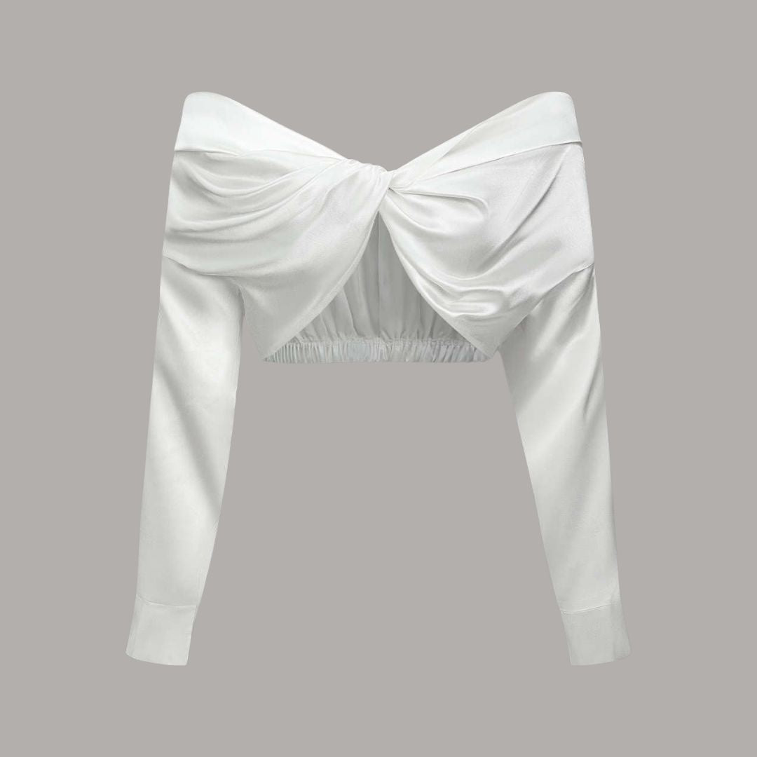 Vit Off-shoulder satintopp med knytdrapering och långa ärmar